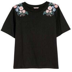 H&M Floral Embroidered Black Top